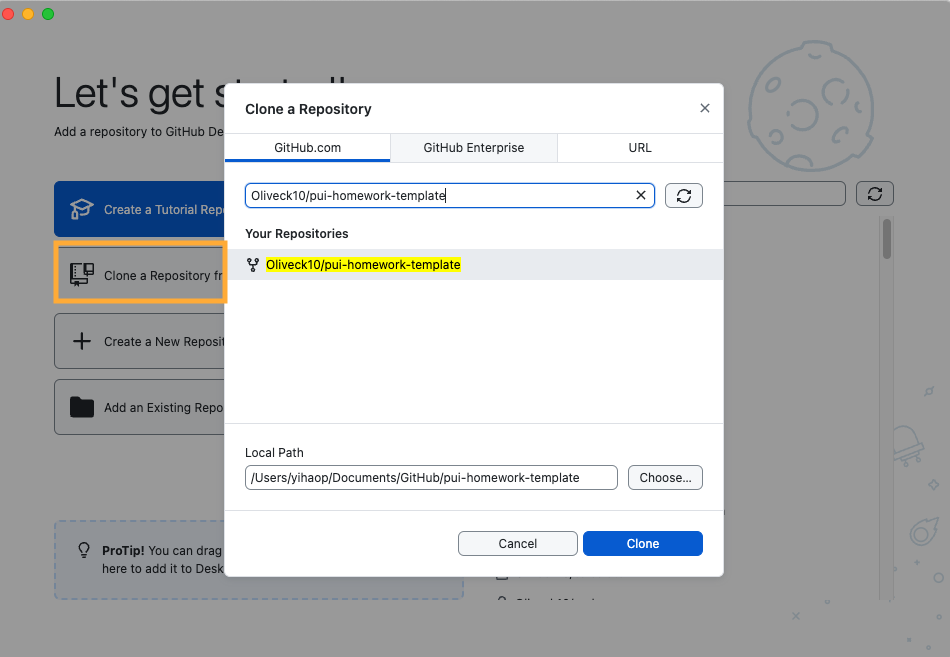 Screenshot of dialog giving options for cloning the homework example repository in GitHub Desktop.