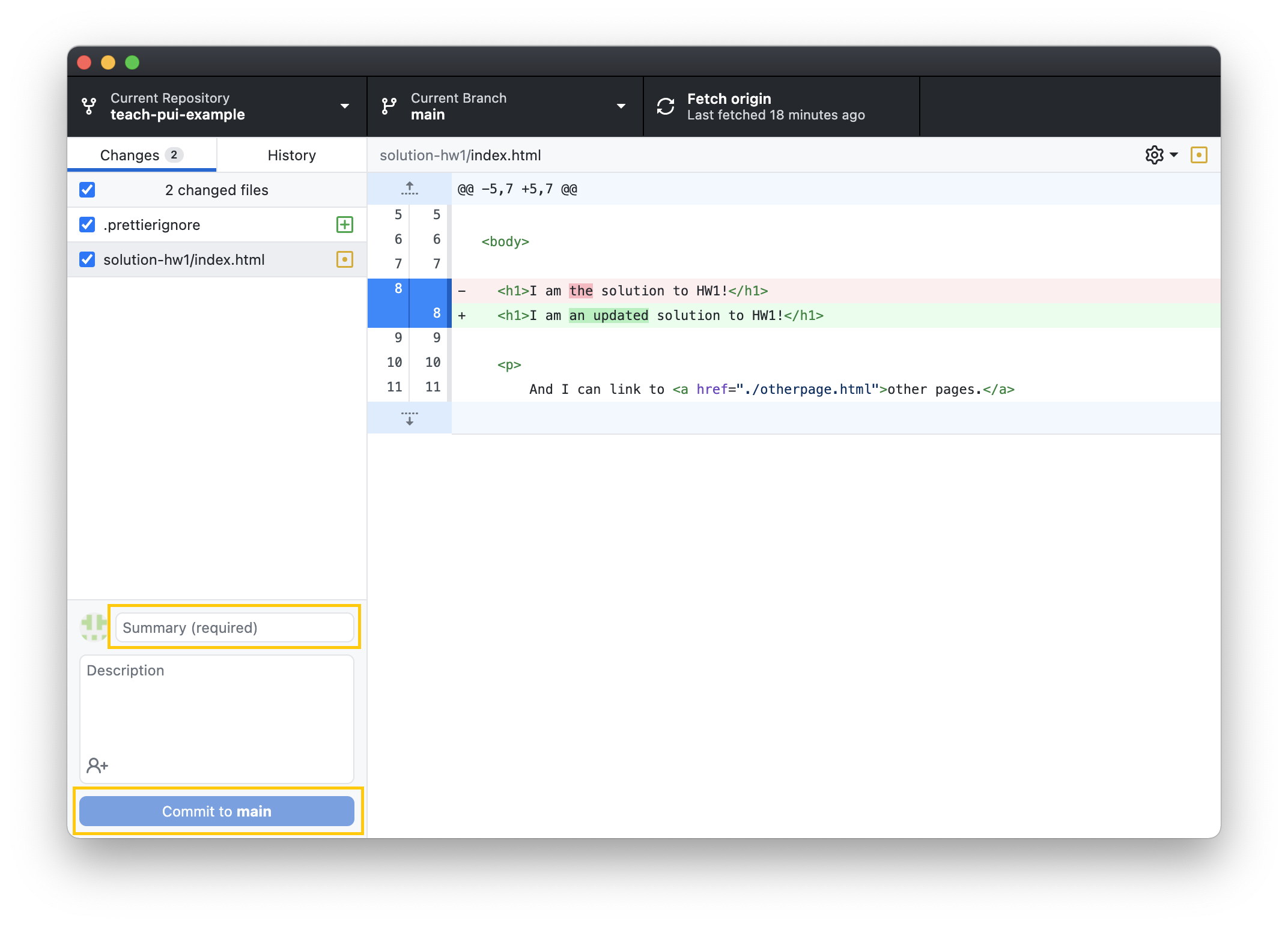 Screenshot of GitHub Desktop showing an example change in one file.