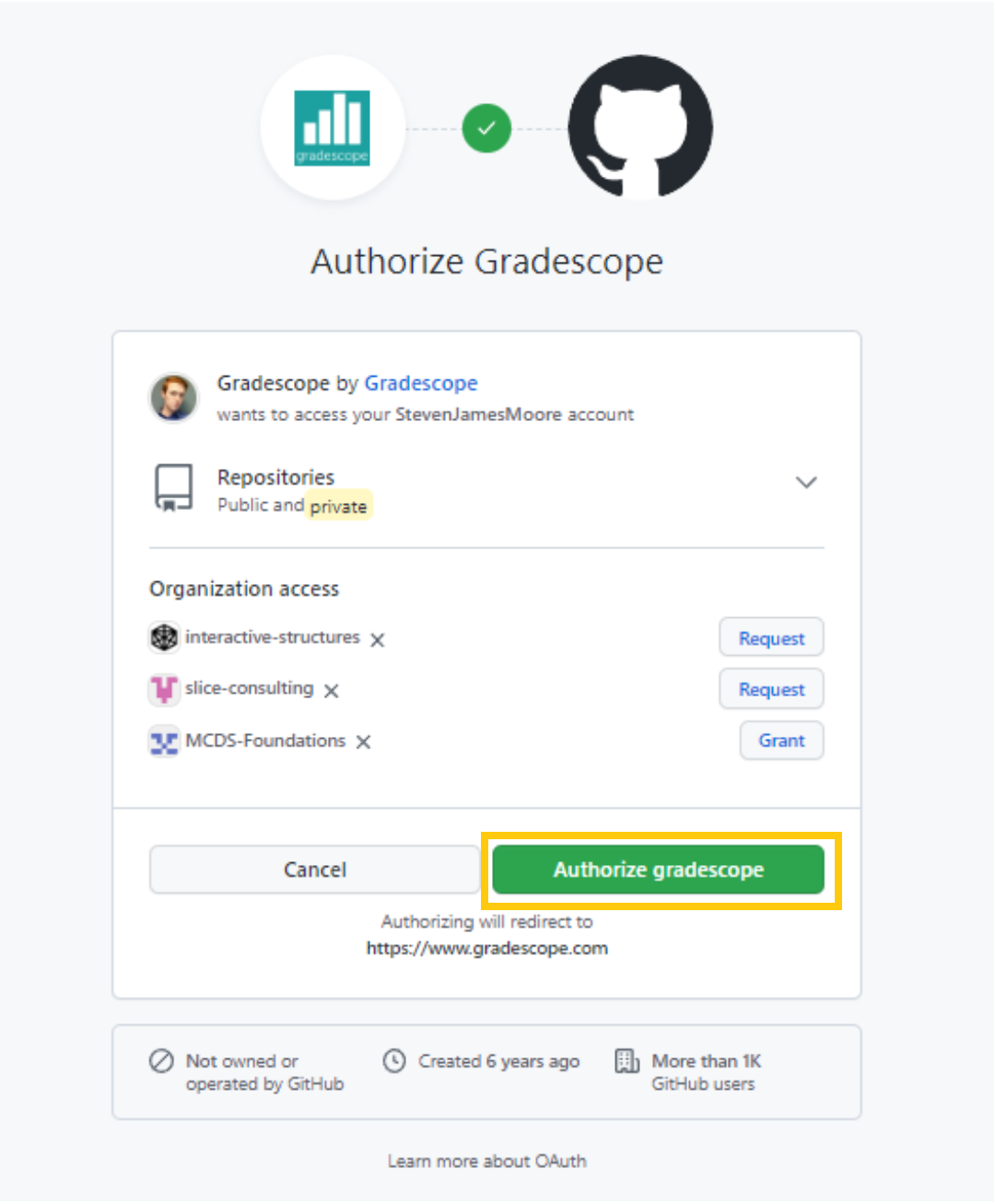 Screenshot of the dialog prompting you authorize the connection to Gradescope.