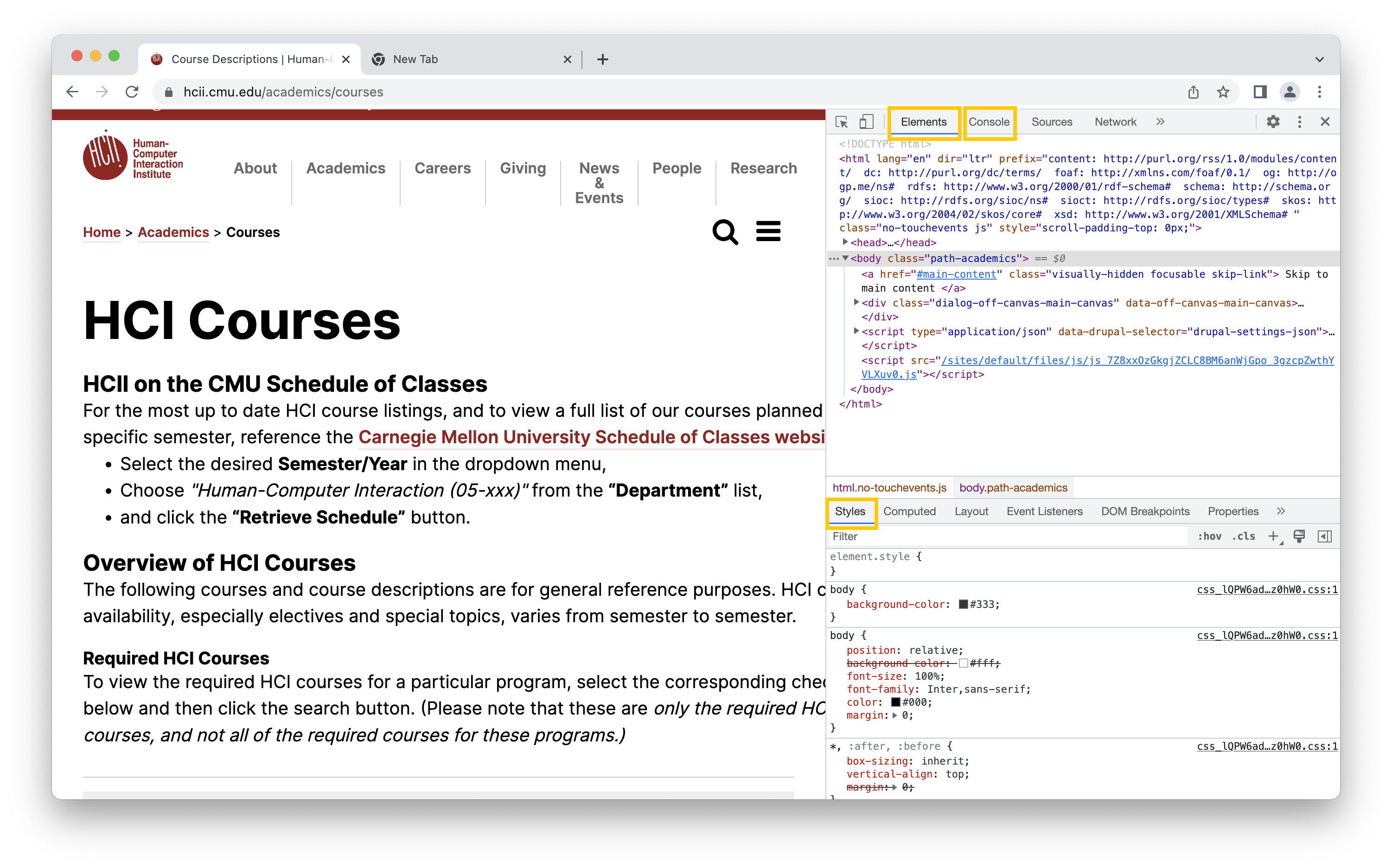 Screenshot of the Chrome developer tools on the right of the HCII course page.