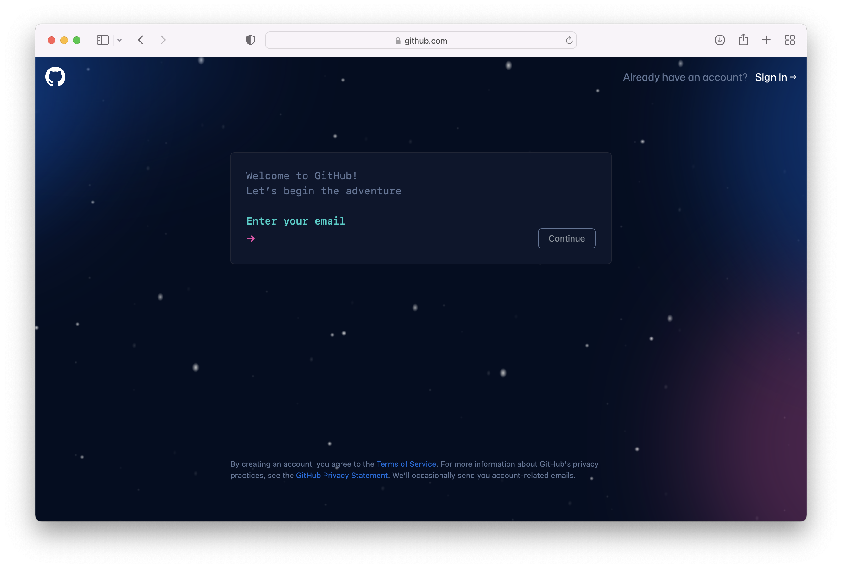 Screenshot of GitHub sign up page.