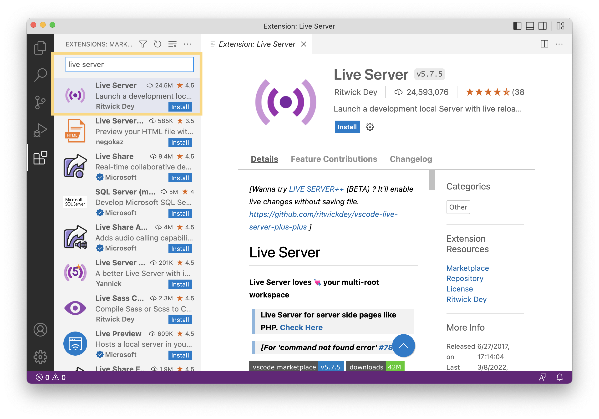 Screenshot of the Live Server extension page.