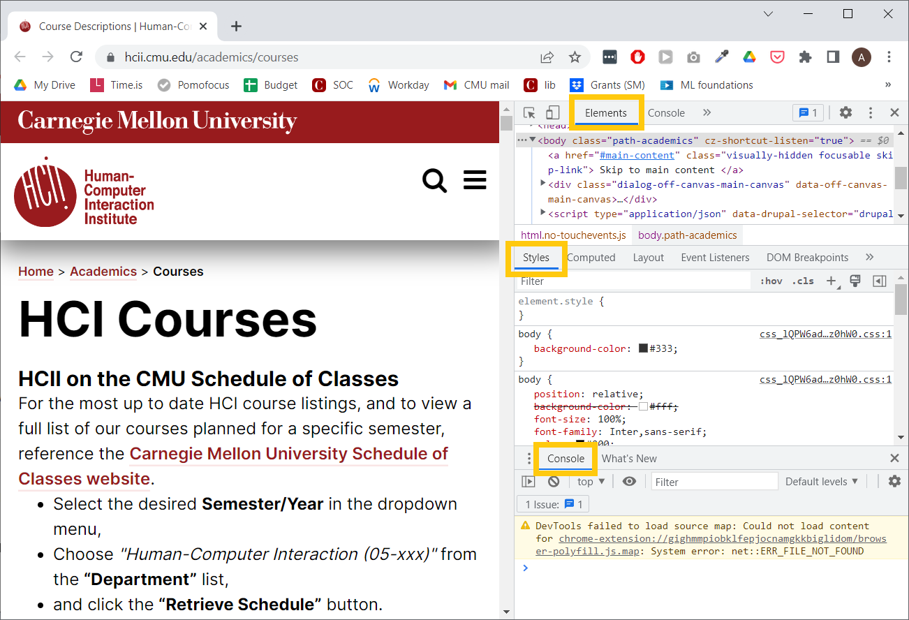 Screenshot of the Chrome developer tools on the right of the HCII course page.