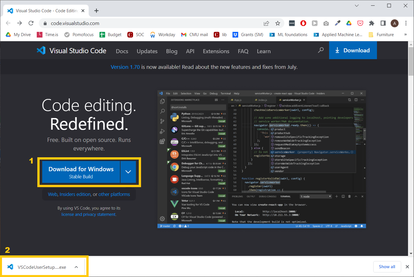 Screenshot of the VS Code landing page.